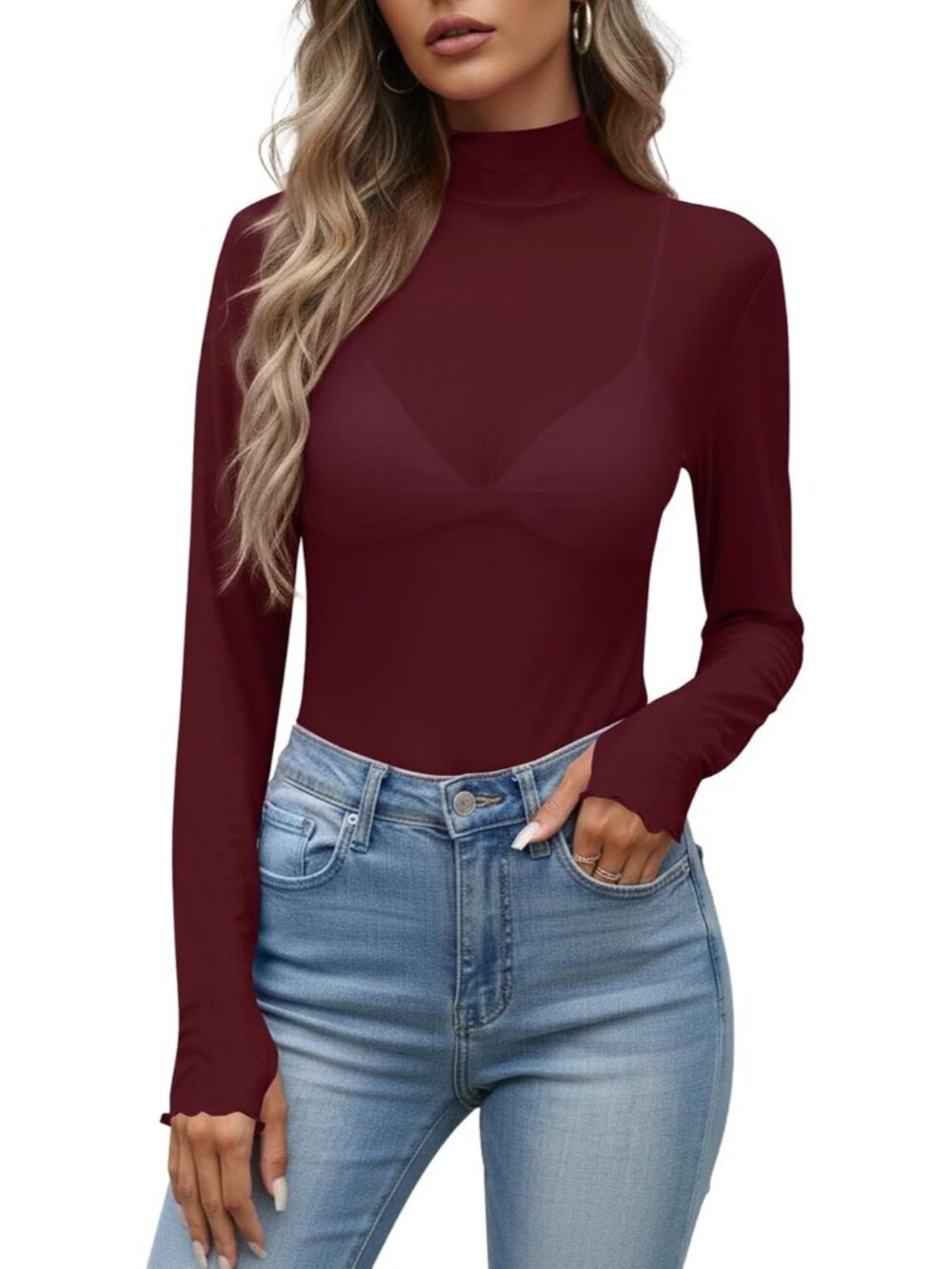 Women's Red Polyester Mesh Top Blouse Party Clubwear Long Sleeve Shirt